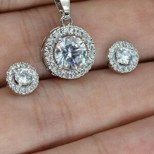 Sterling Silver Cubic Zirconia Halo Style Necklace & Earrings Set